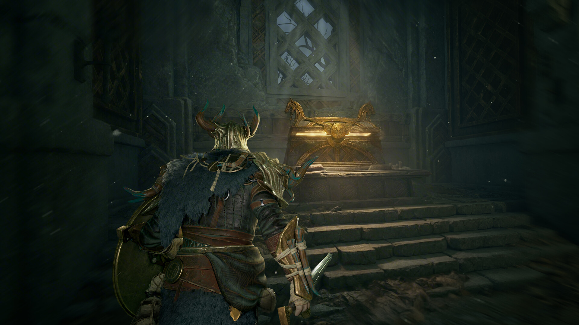 A hunter approaching a glowing chest in a ruined chamber