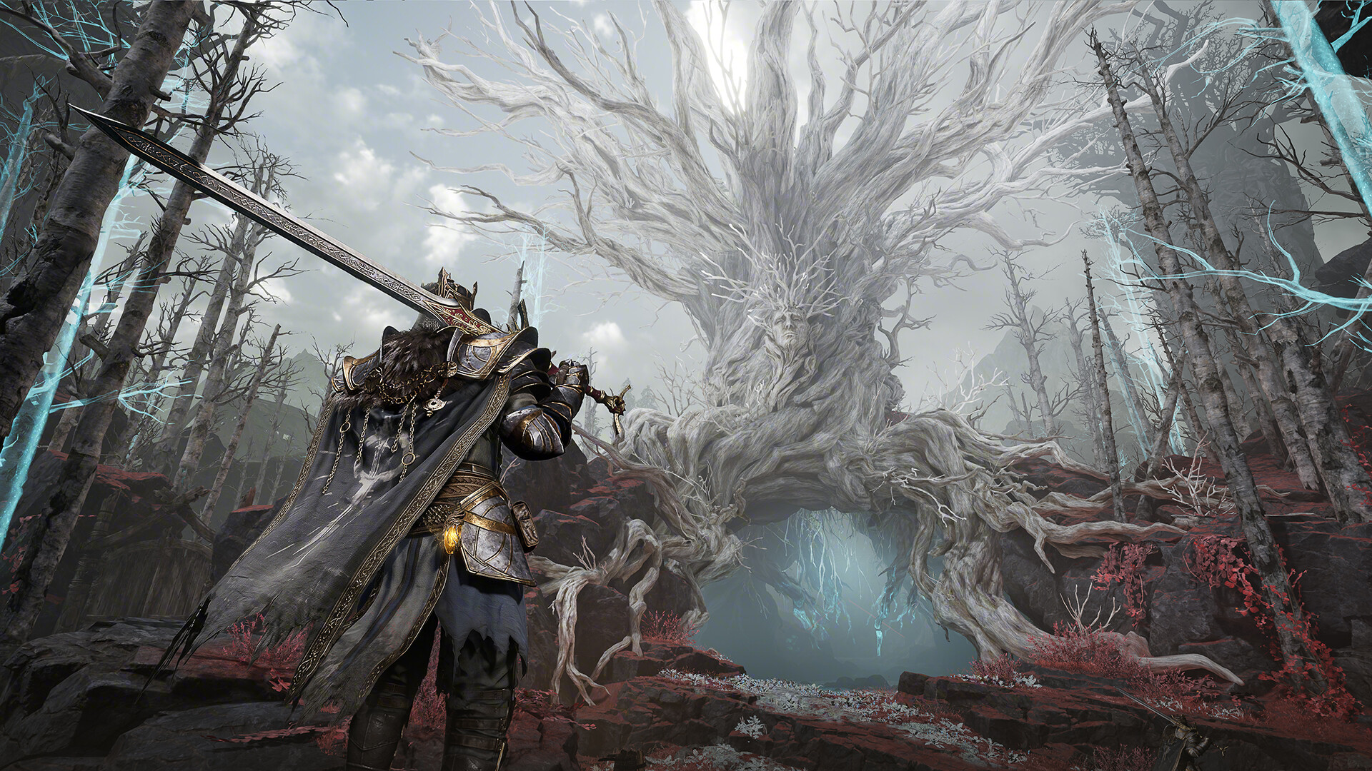 A hunter approaching a colossal corrupted tree in Mistfall Hunter