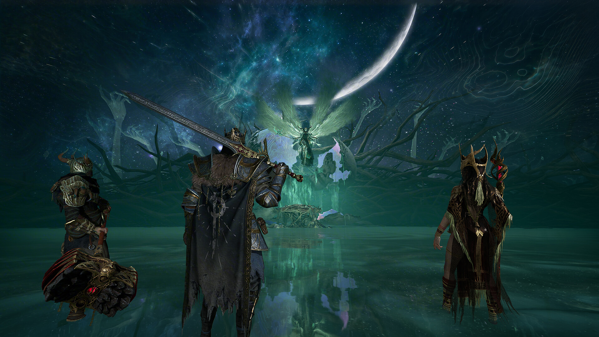 Three hunters facing a spectral enemy beneath the moon in Mistfall Hunter